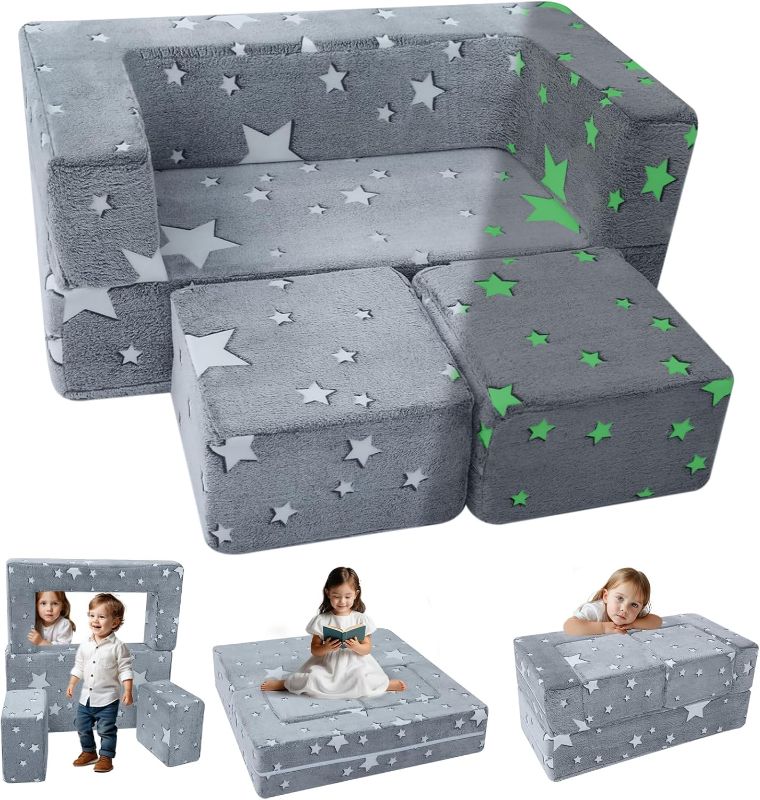 Photo 1 of MeMoreCool Modular Kids Play Couch Sofa – Glow in The Dark Star Design, Fold-Out Toddler Couch for Playroom Furniture, Grey