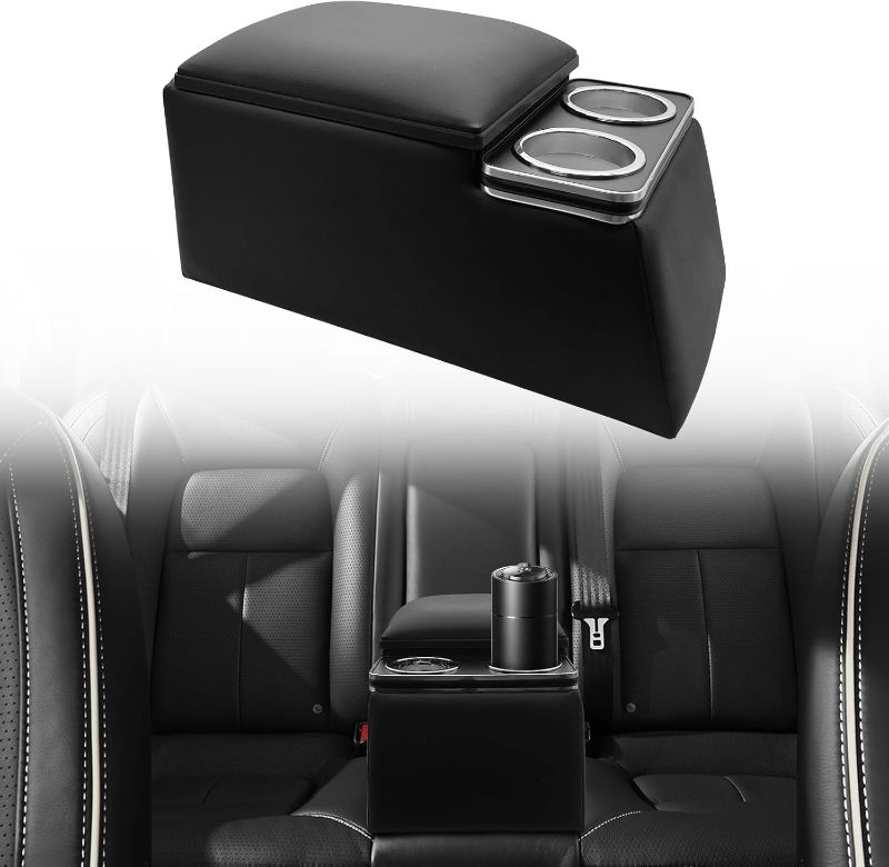 Photo 1 of Black Universal Truck Seat Organizer with Cup Holders, Armrest, and Padded Top Lid - Ideal for Business and Storage