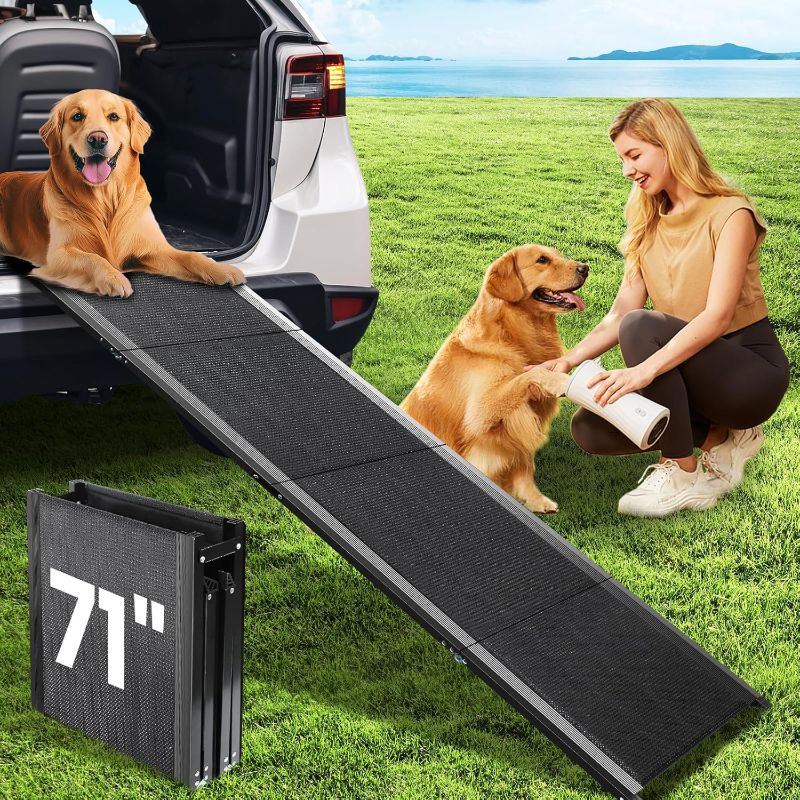 Photo 1 of Dog Ramp for Car, 71''x 17'' Pet Ramp for Large Dogs with Anti-Slip Surface, Extra Long Dog Ramps Up to 250LBS for Truck SUV Van Stairs, Folding Car Ramp for Dogs to Get on Bed Couch
