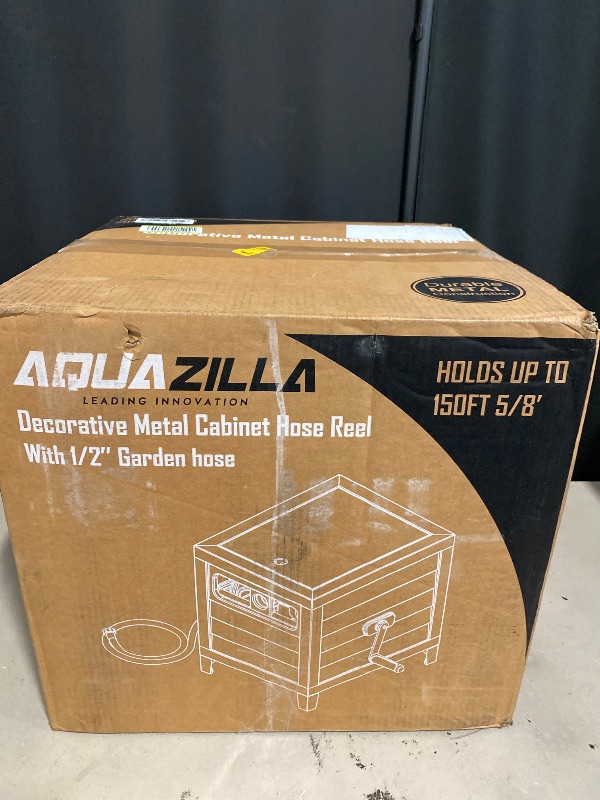 Photo 1 of AQUAZILLA Metal Garden Hose Reel Deck box, Durable Steel Garden Hose Storage Box Cabinet, 150ft 5/8" Garden Hose Capacity. - Hose guide Manual Rewind, No-leak aluminum water connections