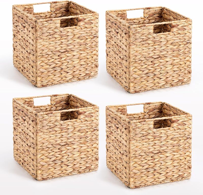 Photo 1 of 10.5 x 10.5in Wicker Storage Baskets, Cube Foldable Water Hyacinth Storage Baskets for Shelves Set of 4