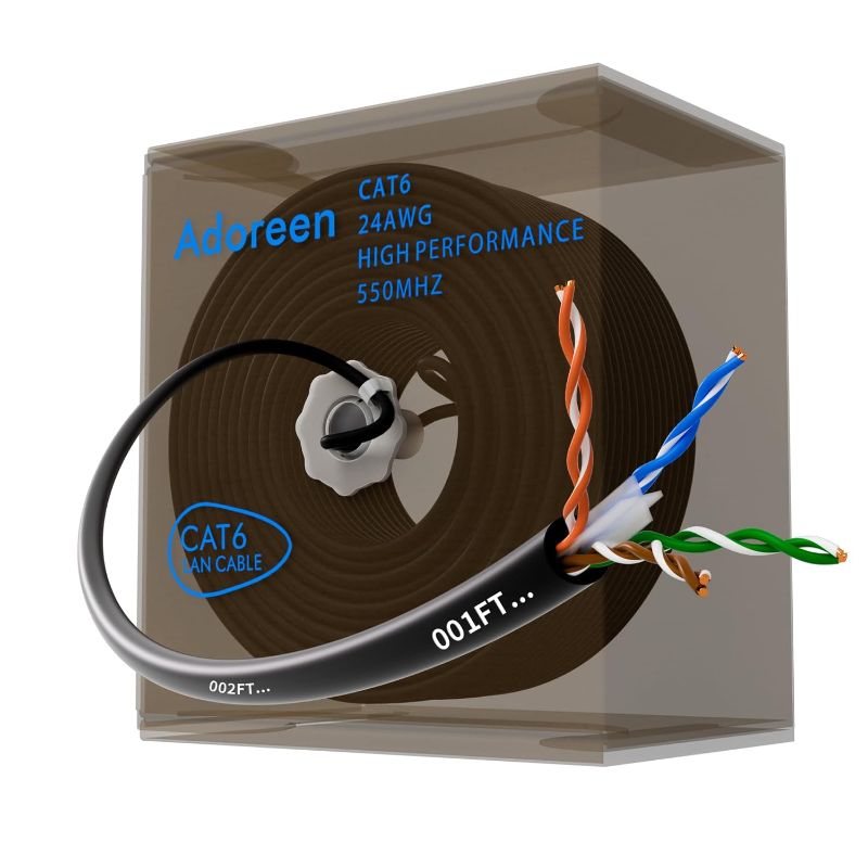 Photo 1 of Adoreen Bulk Cat 6 Ethernet Cable 1000 Ft Black, Easy Pull Box, 24AWG CCA, 10Gbps 550Mhz, POE,Soft Flexible Smooth UTP Internet Network Cable-Running FT Count