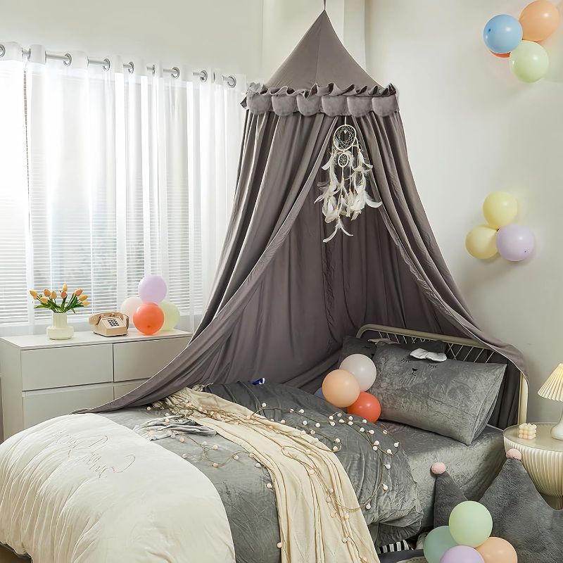 Photo 1 of Princess Bed Canopy for Girls, Extra Large Hanging Canopy for Bed, Dreamy Play Tent for Girls Room Bedroom Decoration, Breathable Canopy Bed Curtain for Children Reading Nook - Ruffle Gray