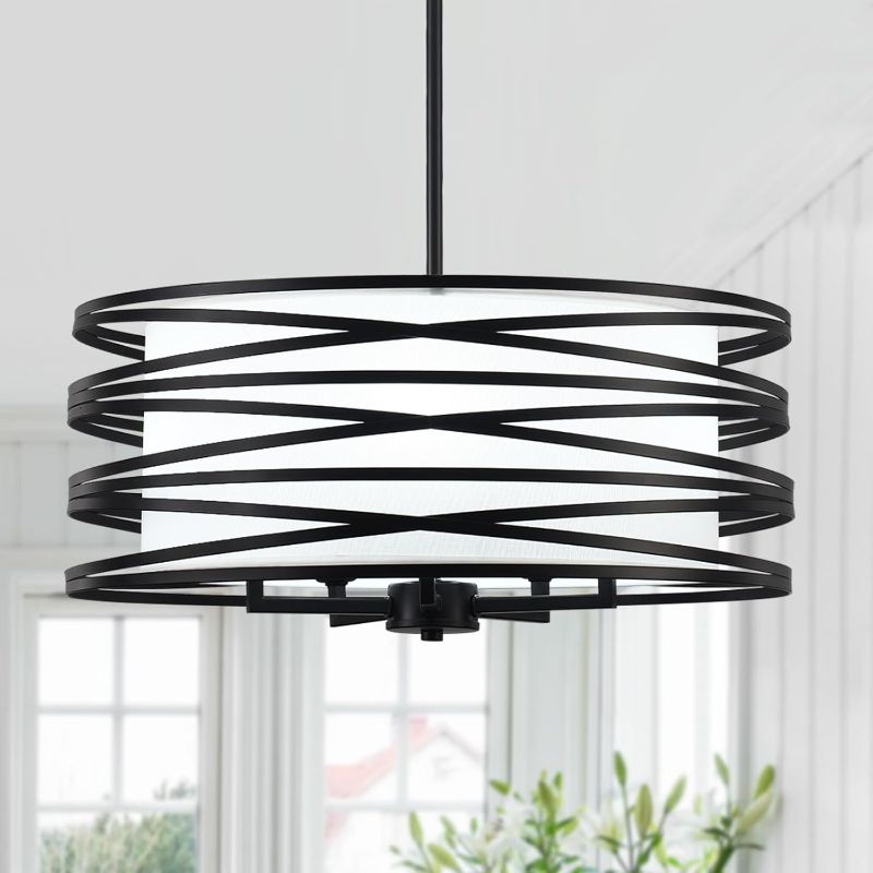 Photo 1 of Black Chandeliers for Dining Room Contemporary 5 Light Industrial Drum Chandelier with White Shade 18.89’’ Inches Modern Farmhouse Pendant Light Fixture for Entryway Kitchen Island Bedroom