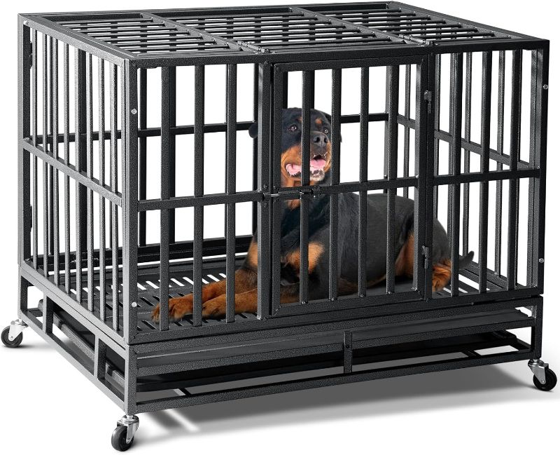 Photo 1 of 38 inch Heavy Duty Indestructible Dog Crate,2025 New Upgraded Reinforced Baseplate for Large Dogs,XL Dog Kennel Indoor for High Anxiety Dogs/Max Load Capacity 200lbs/Double Door with Wheels