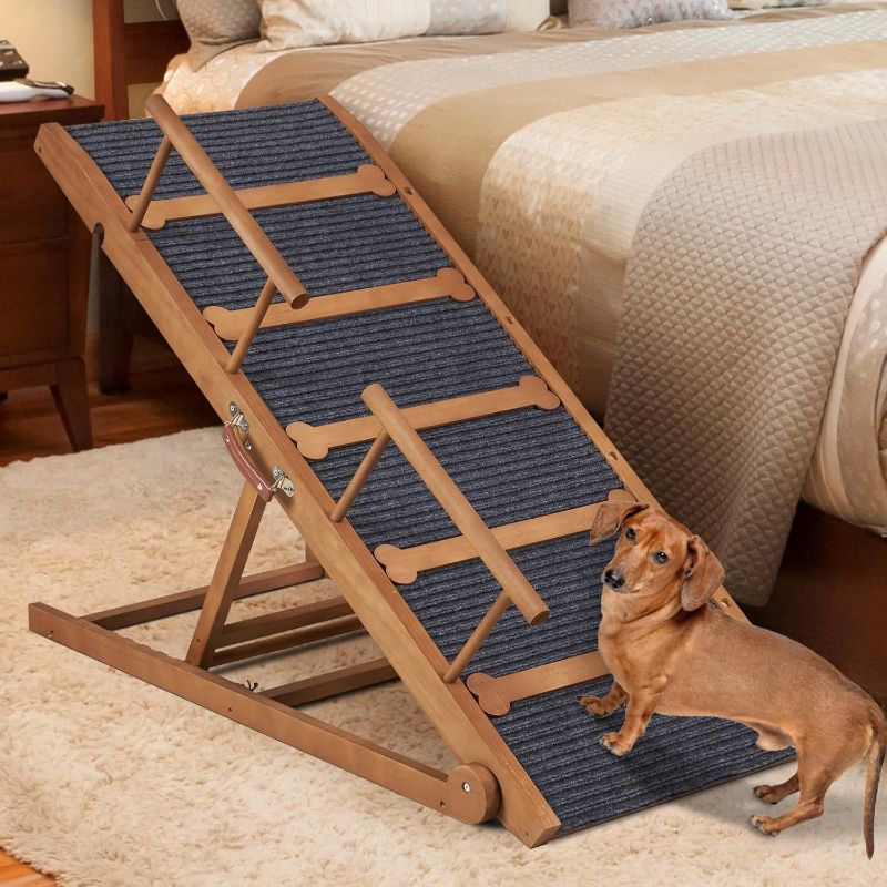 Photo 1 of Wooden Dog Ramp for High Bed, 47.2" Long Non-Slip Dog Ramp for Couch, 6 Adjustable Heights from 15.7" to 28" with Side Rails Anti-Slip Traction Mat for Small Medium Large Dogs(Up to 200 Lbs)