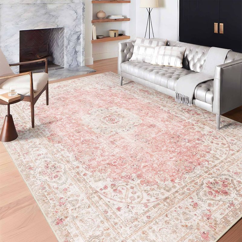 Photo 1 of 6x9 Area Rugs Washable,Pink Rug for Living Room Bedroom Kitchen,Large Boho Vintage Bohemian Distressed Carpet Non Slip,Blush