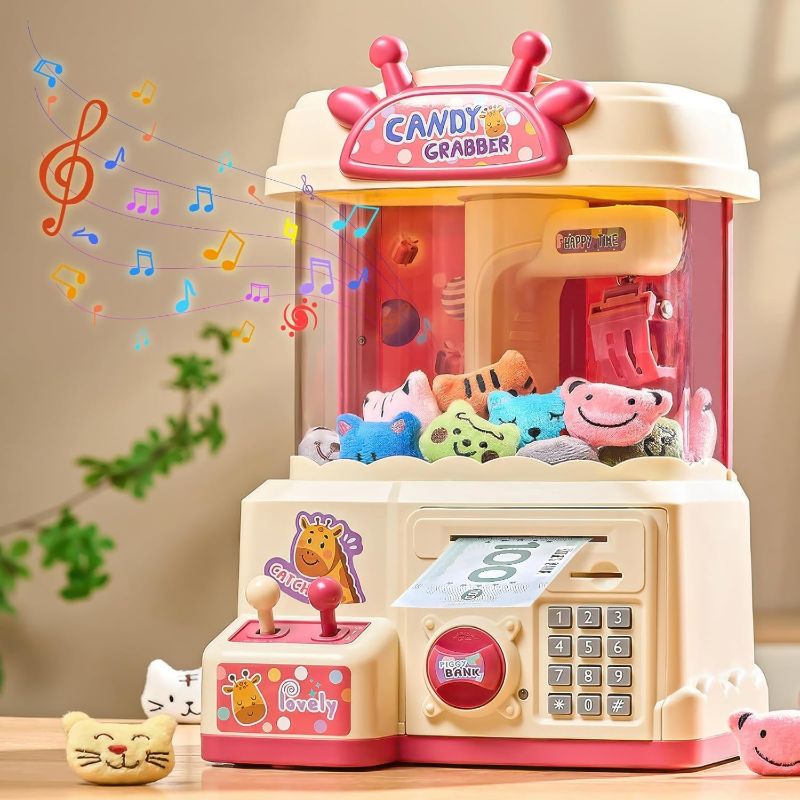 Photo 1 of 25PCS 2 in 1 Large Claw Machine and ATM Piggy Bank, with Music & Light, Party Birthday for 3-14 Kids Gift, for Real Money Savings and Grabber Prize Dispenser Toys, Pink