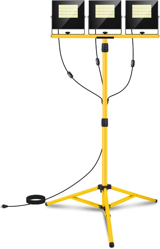 Photo 1 of 36000 Lumen Work Lights with Stand, 3 Adjustable Head LED Work Light with Adjustable and Foldable Tripod Stand, IP67 Waterproof Lamp Individual Switch with 16FT Cord for Outdoor Construction Lighting