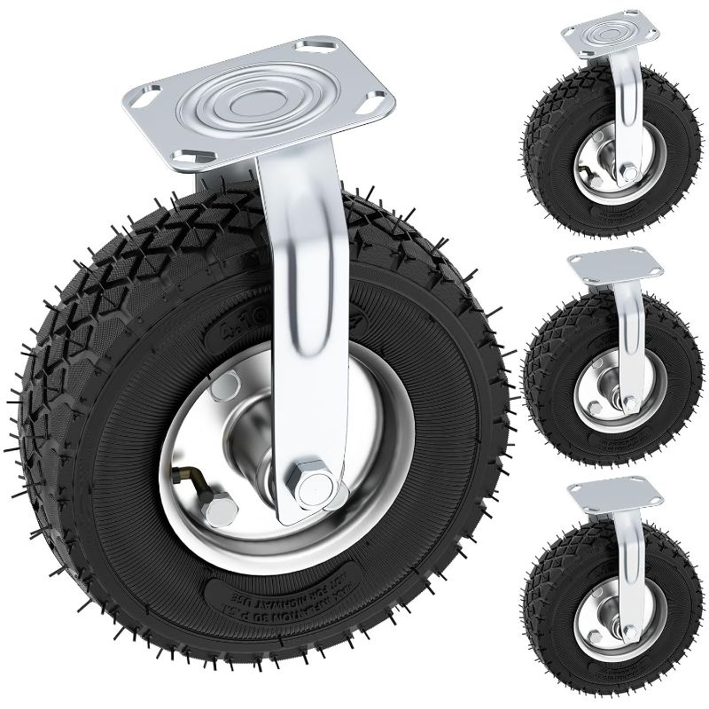 Photo 1 of 10 Inch Pneumatic Casters Set of 4 (2 Swivel/2 Rigid),Heavy Duty Casters,Tolerable 1300 LBS,Rubber Knobby Tread for Workbench, Cart, Trolley,Wagon and Shelves