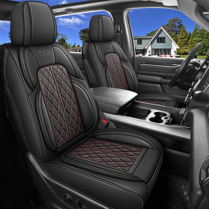 Photo 1 of Car Seat Cover Custom Fit for Ford F150 2009-2024 Faux Leather Seat Cover Set Compatible with Crew Quad Regular Cab Pickup Truck Cushions (Black Redline, Front Seat)