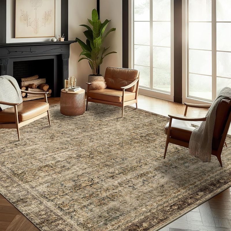 Photo 1 of Area Rug 8x10 Washable Rug Brown Vintage Traditional Mat Distressed Indoor Foldable Thin Retro Accent Floral Non Slip Carpet Living Room Dining Room Office