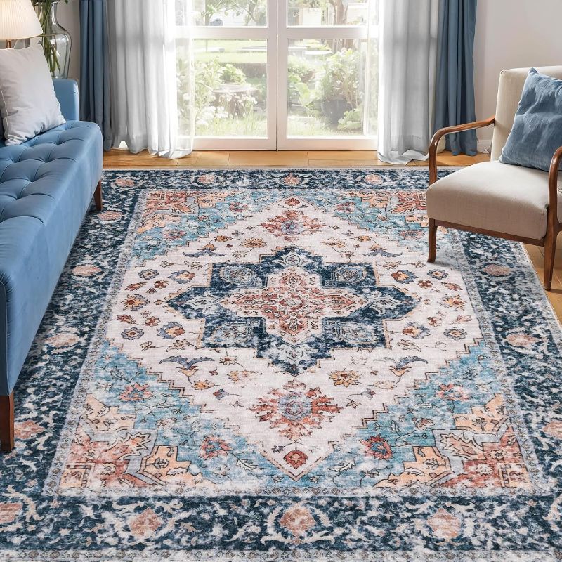 Photo 1 of SERISSA 5x7 Boho Area Rug, Washable Large Rugs for Living Room, Ultra Soft Non-Slip Bedroom Rug Print Distressed Vintage Tribal Farmhouse Carpet Blue Orange Rug for Dining Room Dorm Office Home Decor