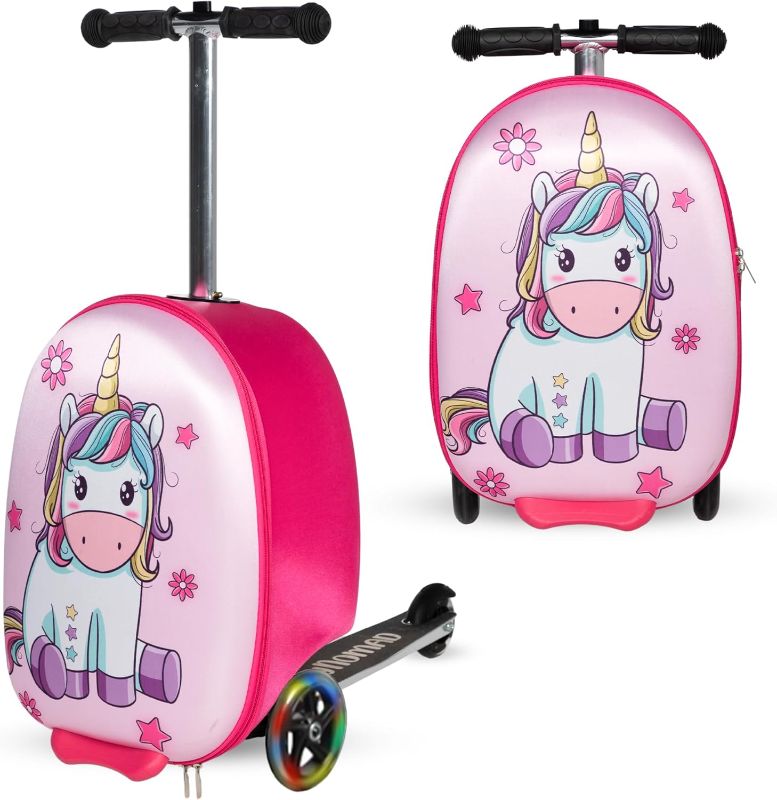 Photo 1 of Unicorn Ride-On Scooter Suitcase for Kids - Fun Travel Companion Luggage with Built-in Scooter, LED Wheels, and Carry-On Design for Girls Ages 5-12