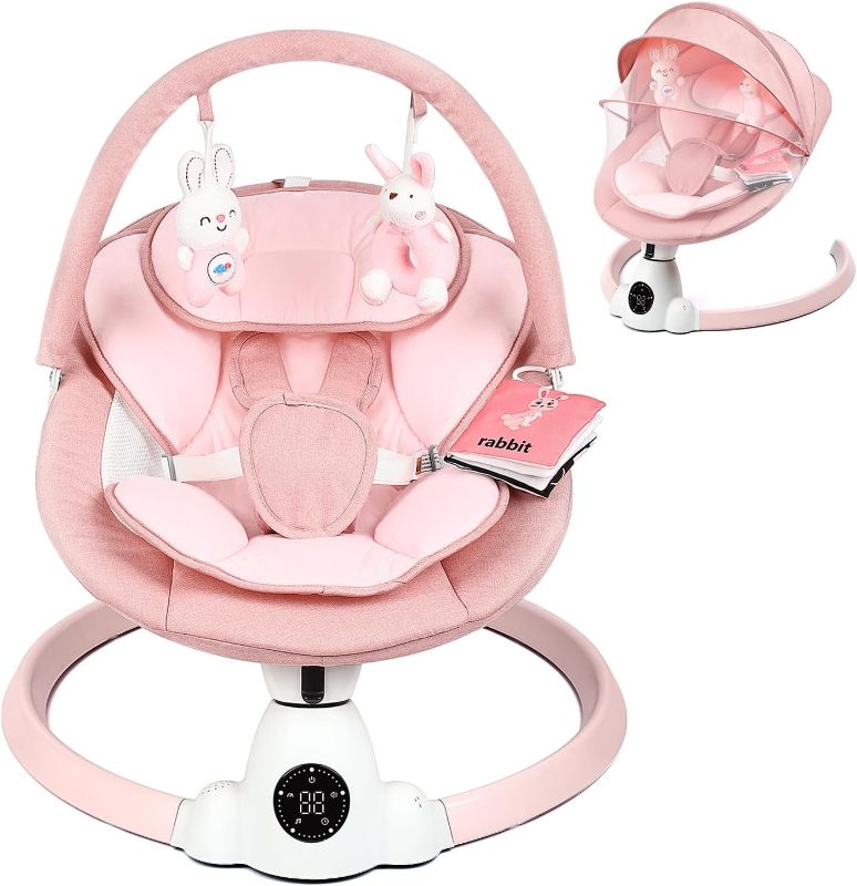 Photo 1 of Baby Swing for Infants, Portable Electric Baby Swings with Bluetooth, 5 Swing Speed, 10 Lullabies, 5-Point Harness, Remote Control & Touch Panel - Infant Swing for Indoor & Outdoor Use, Pink