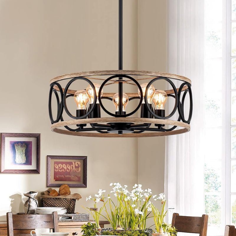 Photo 1 of 5-Light Modern Farmhouse Chandeliers for Dining Room, 20.5" Oak Drum Rustic Industrial Chandelier Hanging Light Fixture, Vintage Pendant Lights for Kitchen Living Room Hallway Foyer Bedroom
