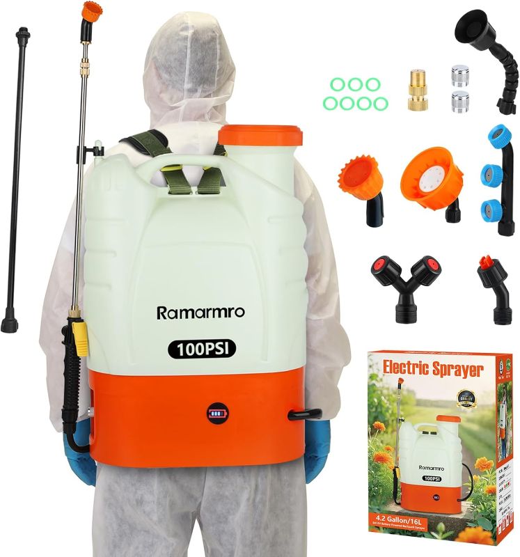 Photo 1 of Battery Powered Backpack Sprayer 4 Gallon Lawn Garden Sprayer 8Ah 7.4V Lithium Battery Powered,100 PSI Cut Off Pressure with 8 Nozzles and 2 Wands, Weed Yard Sprayer for Lawn, Garden, Cleaning
