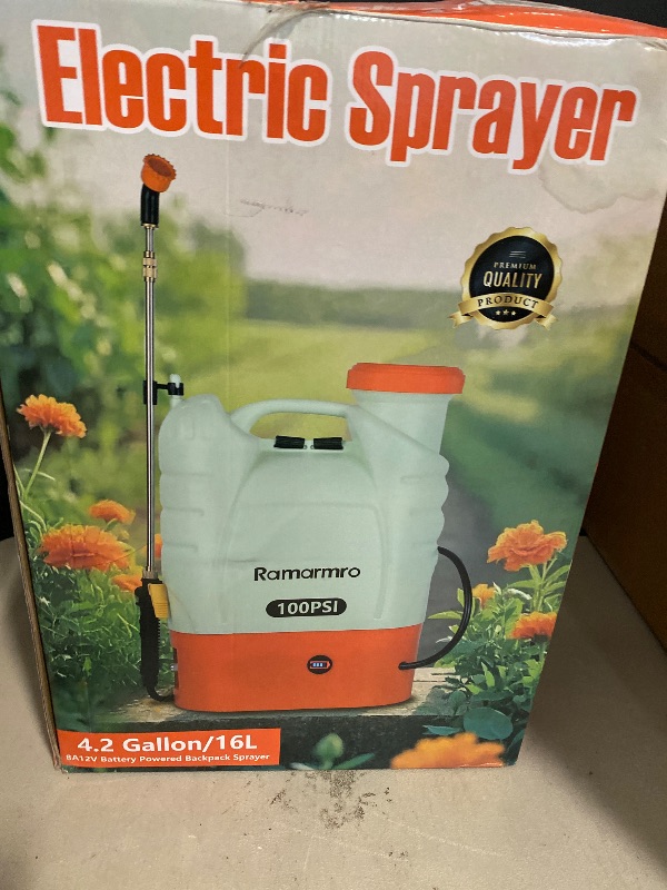 Photo 1 of Battery Powered Backpack Sprayer 4 Gallon Lawn Garden Sprayer 8Ah 7.4V Lithium Battery Powered,100 PSI Cut Off Pressure with 8 Nozzles and 2 Wands, Weed Yard Sprayer for Lawn, Garden, Cleaning