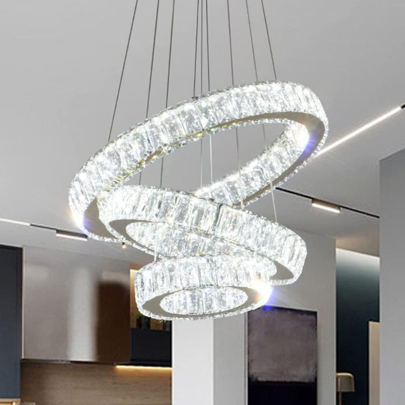 Photo 1 of FRIXCHUR Modern LED Chandeliers Crystal Pendant Light 3 Ring Chandelier Hanging Crystal Ceiling Light Fixture Adjustable Pendant Light for Living Room Dining Room Bedroom Foyer Gold (Cool White)