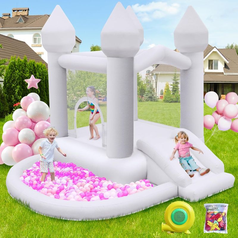 Photo 1 of FBSPORT White Bounce House, Inflatable Bouncer with Air Blower,Indoor & Outdoor Bouncy Castle with Big Ball Pit for Wedding Party Kids Birthday Party, Easy to Install