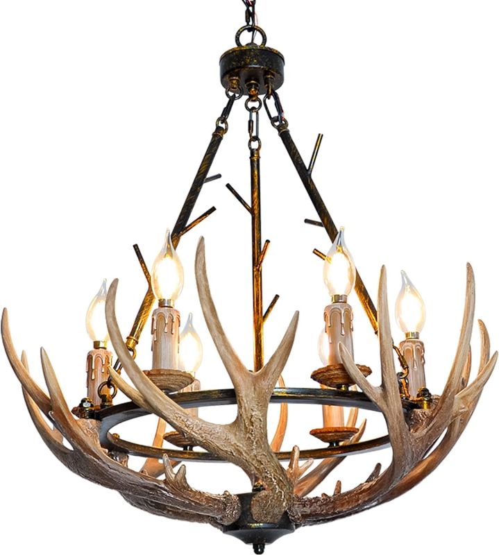 Photo 1 of Rustic Antler Chandelier 6 Lights, Farmhouse Chandeliers with Resin 6 Antlers and Retro Metal Wagon Wheel Chandelier Vintage Style for Dining Room, Kitchen, Island, Living Room UL Listed
