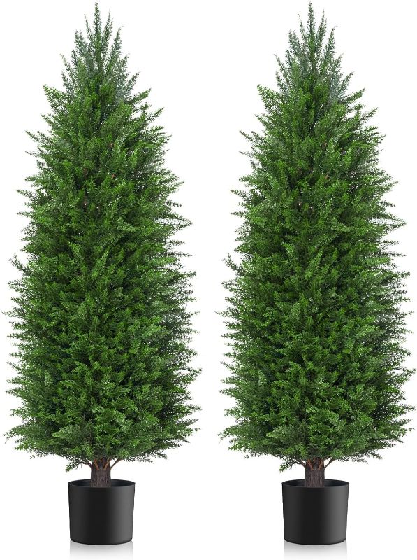 Photo 1 of 6FT Artificial Topiary Cedar Plants Outdoor, Faux Pine Trees UV Resistant and Potted, 72 Inch Tall Fake Shrubs Evergreen for Front Porch Decor Set of 2