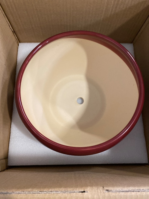 Photo 1 of Ceramic Planter - 11 Inch Planter for Outdoor Plants Large Plant Pot Indoor with Drainage Hole and Saucer Round Modern Flower Pot Mid-Century Room Decor Red
