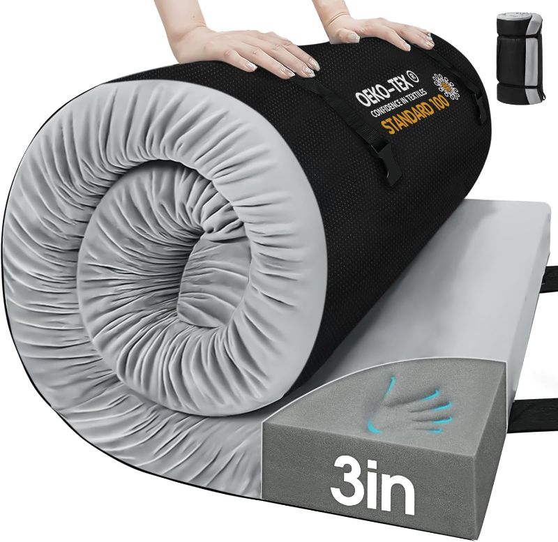 Photo 1 of CYMULA Memory Foam Camping Mattress Pad,3inch Sleeping Pad for Camping,Non-Slip Bottom Floor Cot Mattress Bed with Retaining Portable Roll up Mattress Pad Mat for Travel Truck Guest Bed Tent