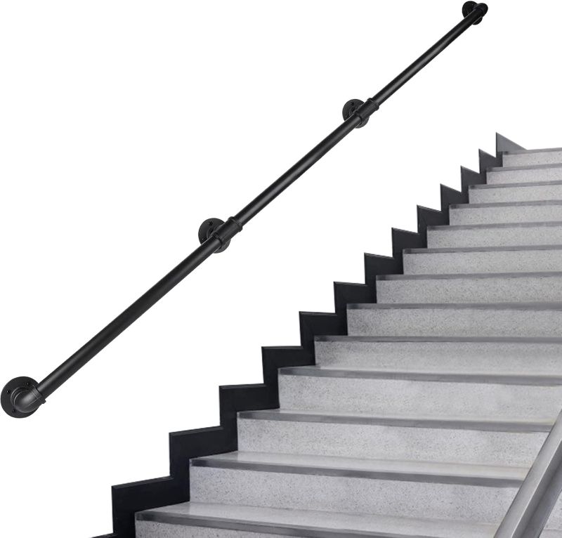 Photo 1 of Stair Handrail, 12 Ft Metal Staircase Handrail, Black Galvanized Industrial Iron Hand Rail for Indoor & Outdoor Wall Mount Support, Wall Hand Railing,Safety Handle, Steps Baluster(HR07)