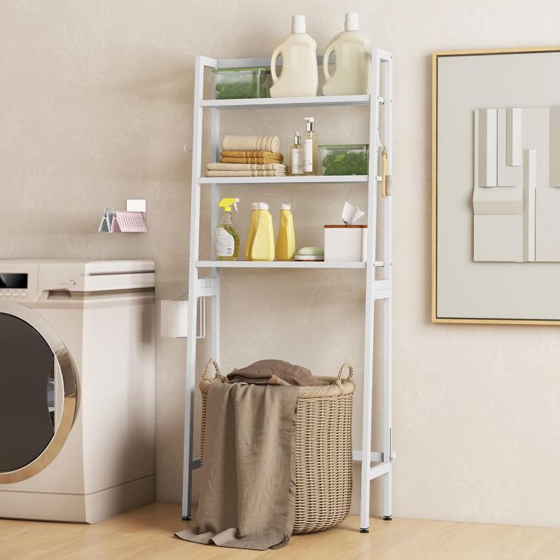 Photo 1 of Giantex Over The Toilet Storage Shelf - 3-Tier Freestanding Above Toilet Rack with Adjustable Bottom Bar, Paper Holder, 2 Side Hooks, Metal Bathroom Organizer Shelf, Space Saving Toilet Shelf (White)