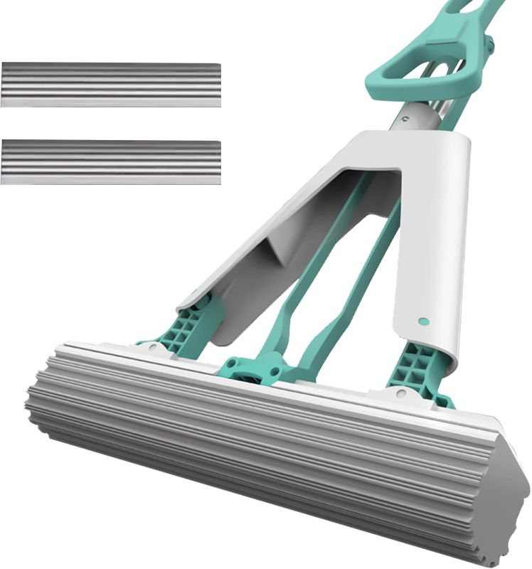 Photo 1 of Sponge Mop for Kitchen Bathroom Garage Floor Cleaning Telescope Handle Automatic Wringing Suitable for Tile Marble Wood Floors with 1 Extra Sponge Head