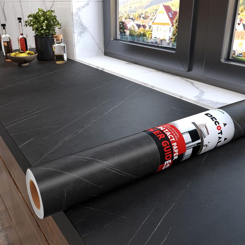 Photo 1 of Decotalk 35x200 Inch Large Countertop Contact Paper Waterproof Black Marble Contact Paper Self Adhesive Black Wallpaper for Kitchen Marble Contact Paper for Countertops, Dark Countertop Vinyl Wrap