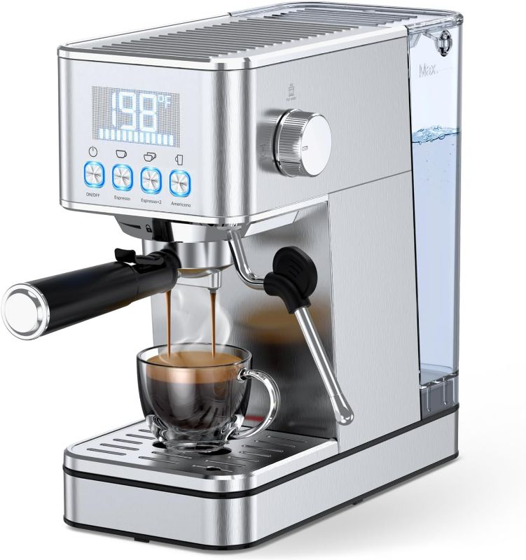 Photo 1 of Espresso Machine, 20Bar Compact Stainless Espresso Maker, With Milk Frother Steam Wand, 57.5OZ Removable Water Tank, Displays Making Time & Water Temperature, Cold Brew & Cappuccino, Silver