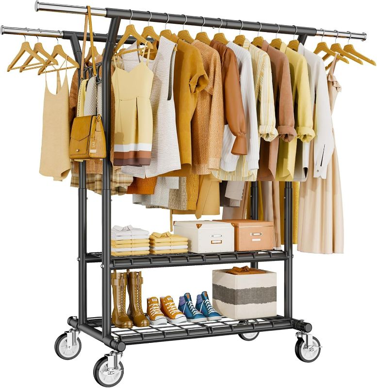 Photo 1 of Heavy Duty Clothes Rack, Rolling Clothing Rack With Shelves Load 620 LBS, Double Rod Clothing Racks for Hanging Clothes, Portable& Adjustable Clothes Rack with Wheels,Black