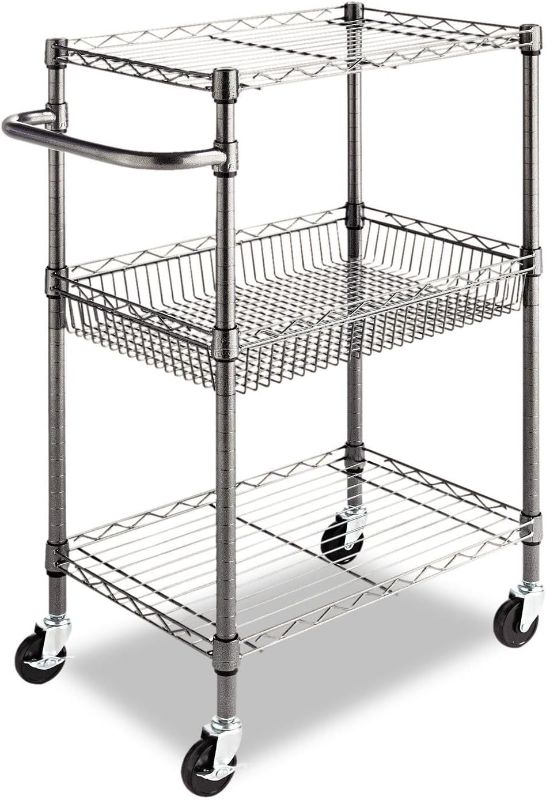 Photo 1 of Alera ALESW342416BA 28 in. x 16 in. x 39 in. 500-lbs. Capacity 3-Tier Wire Rolling Cart - Black Anthracite