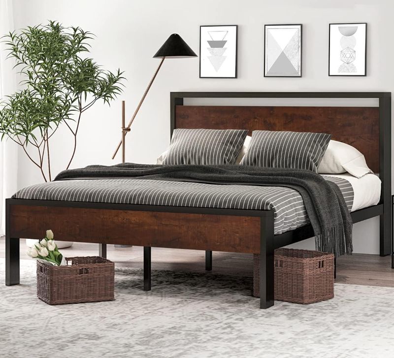 Photo 1 of SHA CERLIN 14 Inch Queen Size Metal Platform Bed Frame with Wooden Headboard and Footboard, Mattress Foundation, No Box Spring Needed, Large Under Bed Storage, Non-Slip Without Noise, Mahogany
