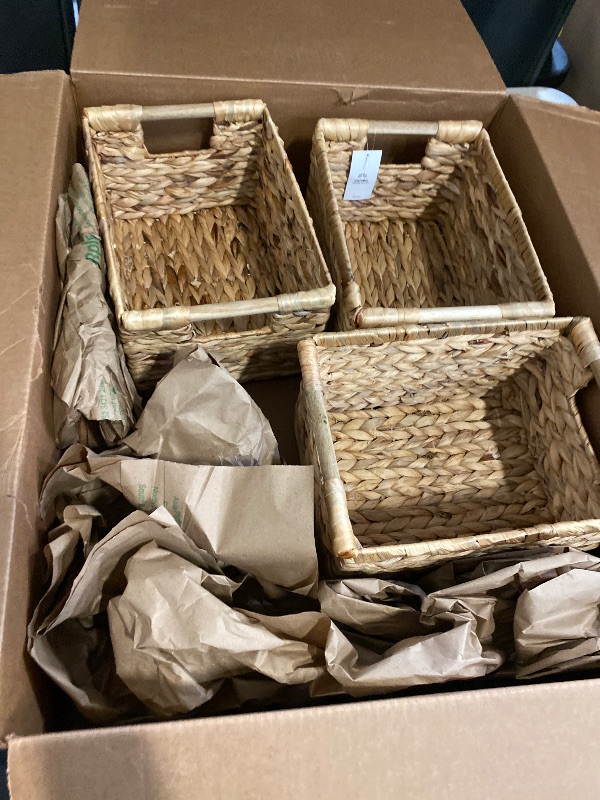 Photo 1 of Large Wicker Basket Rectangular with Wooden Handles for Shelves, Water Hyacinth Basket Storage, Natural Baskets for Organizing, Wicker Baskets for Storage 14.5 x 10.3 x 7.5 inches - 3 Pack