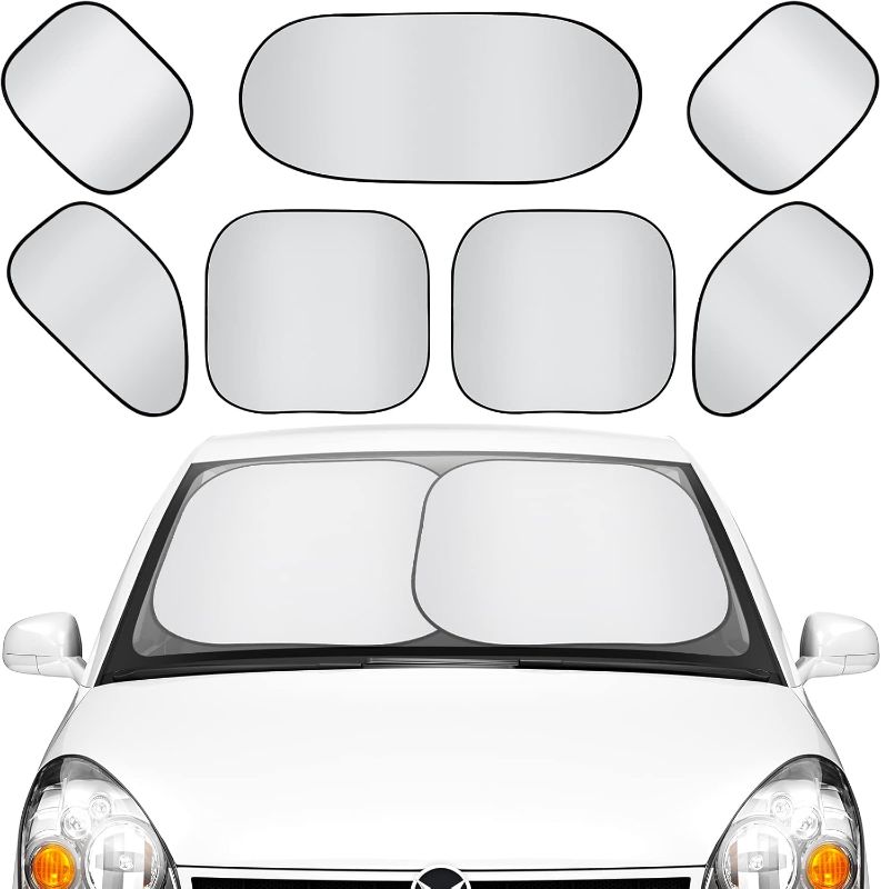Photo 1 of 7 Pieces Car Sun Shade Medium Car Windshield Sunshade Set Includes 3 Front Rear Sun Visor for Car Windshield, 4 Side Window Sun Shade Uv Rays Sun Visor Protector with 12 Suckers for Automotive Vehicle