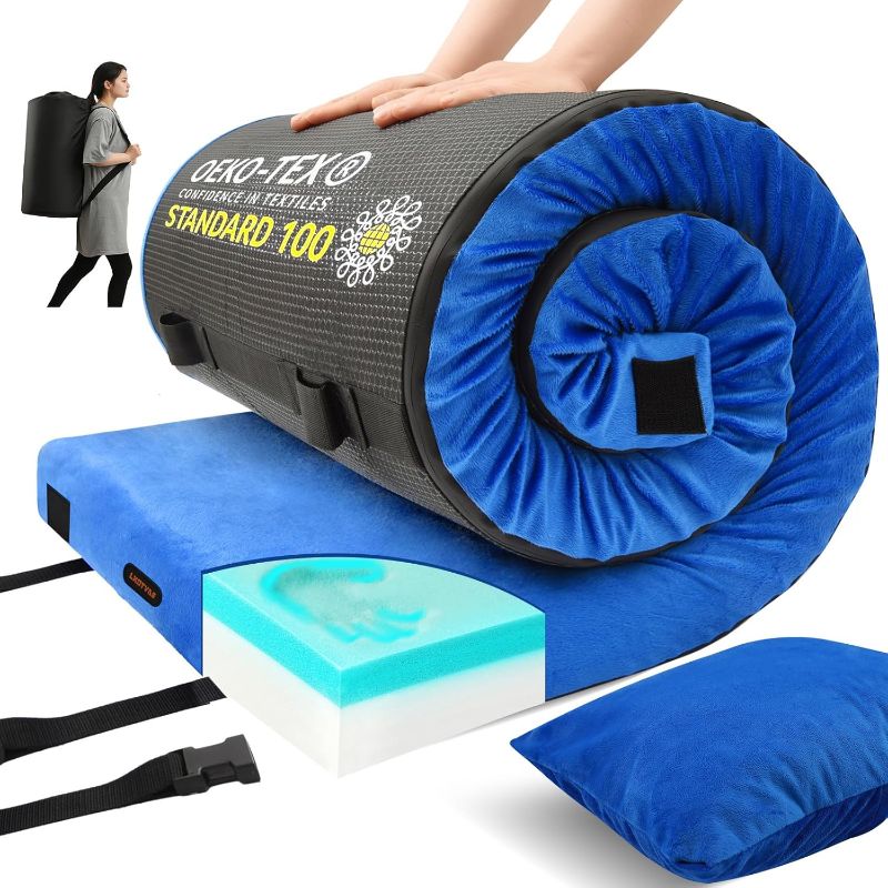 Photo 1 of Memory Foam Camping Mattress pad, Comfortable Thick Floor Sleeping Mat for Adults with Waterproof and Non-Slip Bottom, Portable Roll Up Mattress for Sleepover Guest,Cot Mad for Car Camping