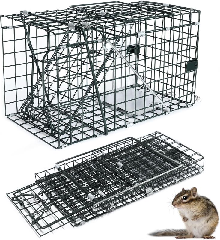 Photo 1 of HOMESTEAD Fold-Flat Live Trap for Small Animals - Heavy Duty Steel Cage with Camouflage Finish, Humane Catch and Release for Rats, Chipmunks, Squirrels, Mice & Similar Rodents | 14 × 7 × 8