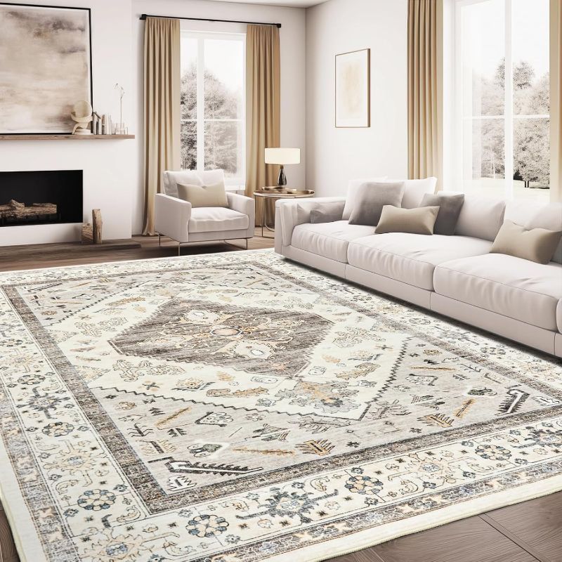 Photo 1 of 8x10 Area Rugs for Living Room, Washable Rugs with Non-Slip Backing, Super Soft Thin Large Rug for Nursery Room, Dining Room, Office, Vintage Neutral Area Rug (Beige/Grey/Brown, 8'x10')