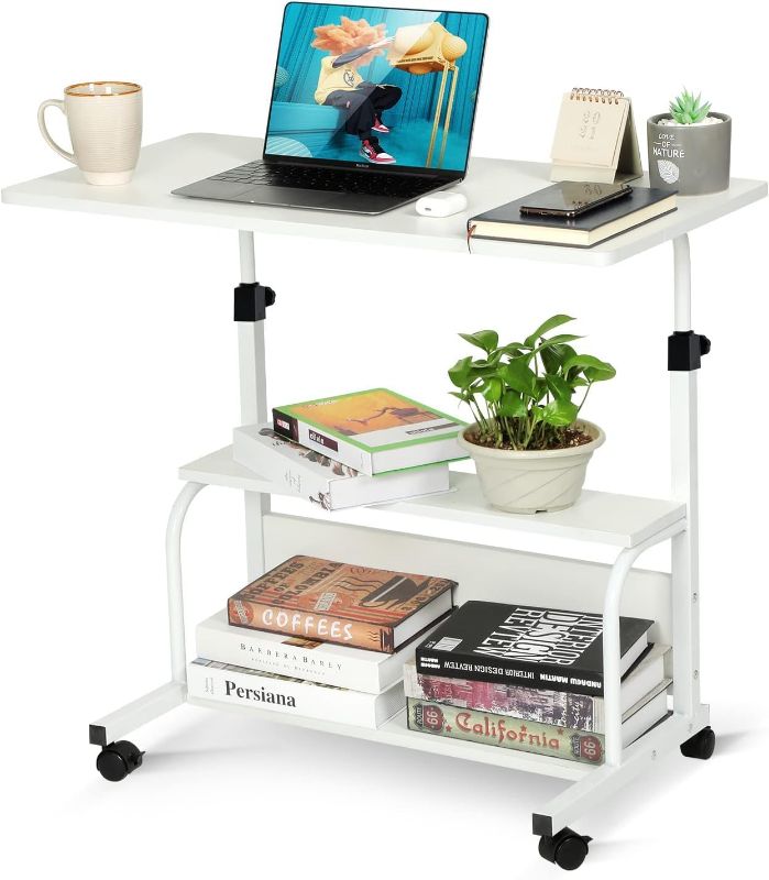 Photo 1 of Portable Desk with Wheels Small Standing Desk on Wheels Adjustable Height Rolling Desks for Small Spaces, 32" Computer Desks with Storage Shelves for Home Office Study White