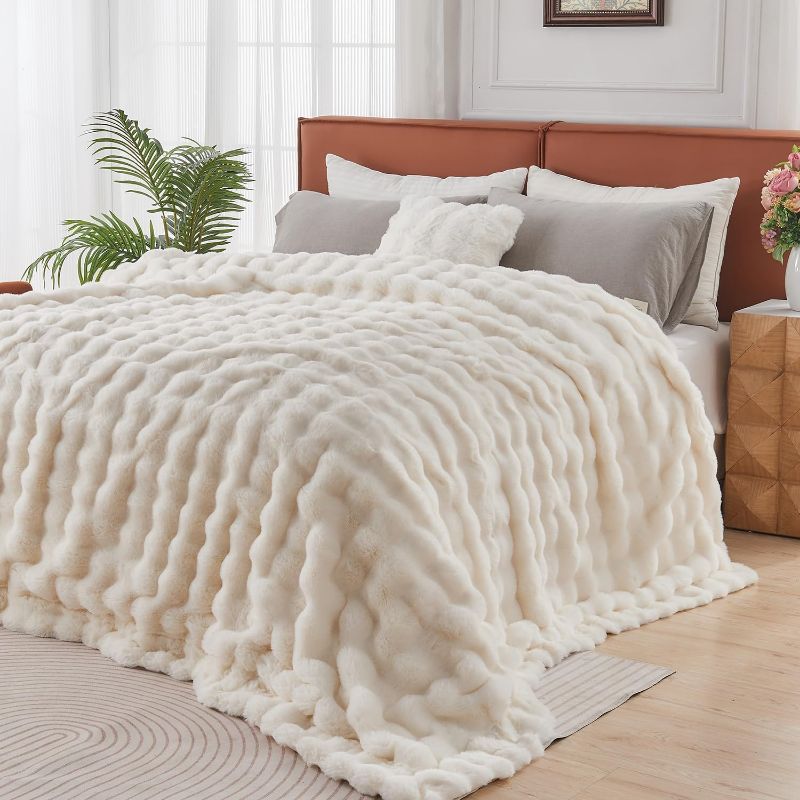 Photo 1 of Lotus Karen Queen Size Faux Fur Blanket - Cream White Big Bubble Rabbit Fluff, 90x90 Inches
