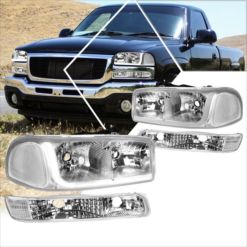 Photo 1 of PM PERFORMOTOR [4Pcs] LED DRL Headlights Assembly+Bumper Lamps Compatible with Sierra Yukon 99-07,Chrome Housing/Clear Corner