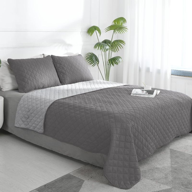 Photo 1 of Easy-Going Full/Queen Size Reversible Quilt Set with 1 Quilt and 2 Pillow Shams, Soft Bed Quilt Cover, Lightweight Microfiber Bedspread, Water and Stain Resistant, Gray/Light Gray