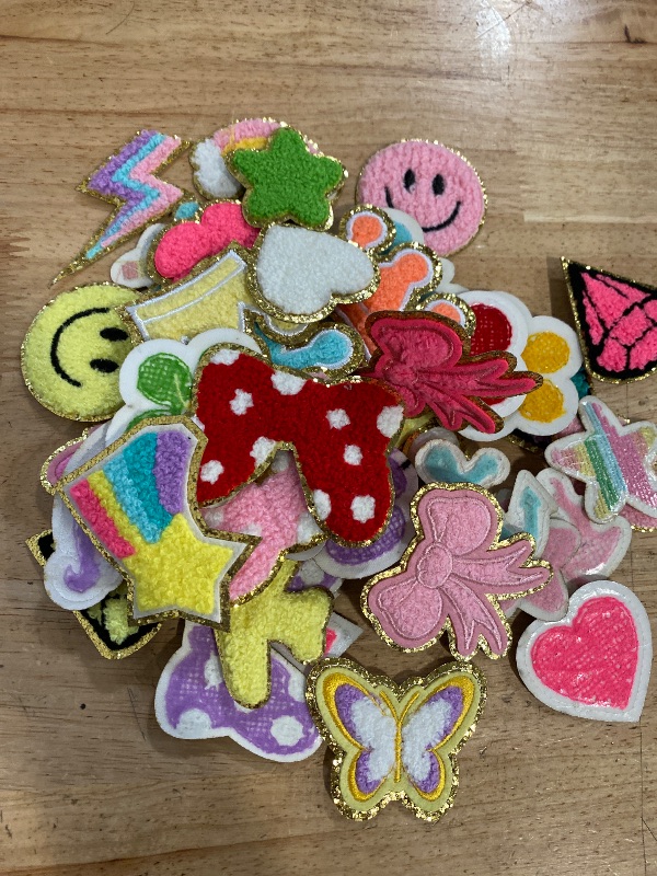 Photo 1 of 48 Pcs Iron on Patches Self Adhesive Chenille Patches for Backpacks Applique Patches Rainbow Heart Smile Face Star Flower Paw Embroidered Patch for Clothing Fabric Jackets Jeans Repair (Cute Style)