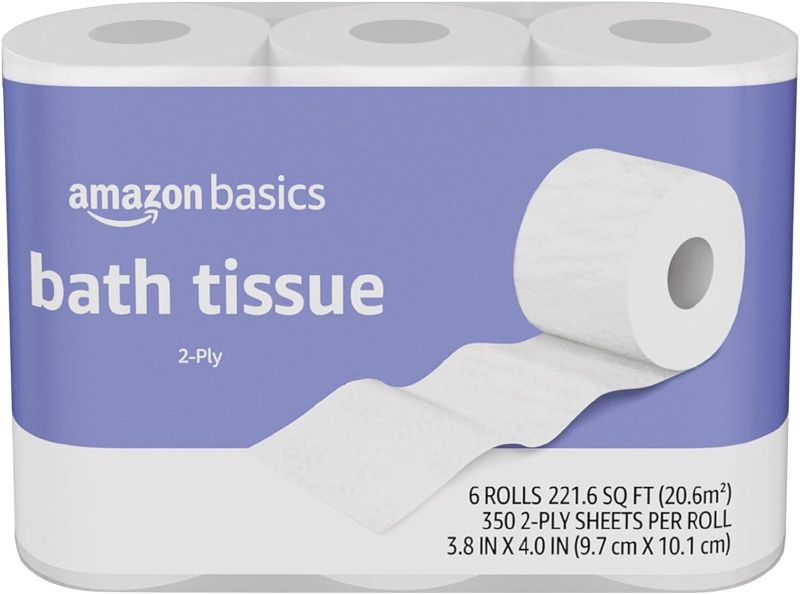 Photo 1 of Amazon Basics 2-Ply Toilet Paper 6 Rolls = 24 Regular Rolls, 350 Sheets, (1 Pack of 6), Unscented
