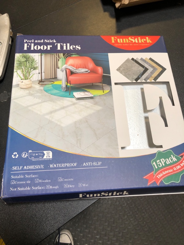 Photo 3 of FunStick White Floor Tiles Peel and Stick Waterproof 12x12 In 15 Pcs White Vinyl Flooring Peel and Stick Bathroom Floor Tile Stickers Removable Stick on Laminate Linoleum Flooring for Kitchen Basement
