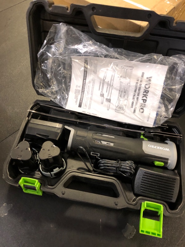 Photo 2 of WORKPRO 12V Cordless Electric Fillet Knife with 8'' and 10'' Razor-Sharp Blades, Cordless Fillet Knife with Non-slip Grip Handle and Safety Lock, 2 Rechargeable Battery Packs, 1 Quick Battery Charger, and 1 Storage Carry Case for Fishing, Filleting, Outdo