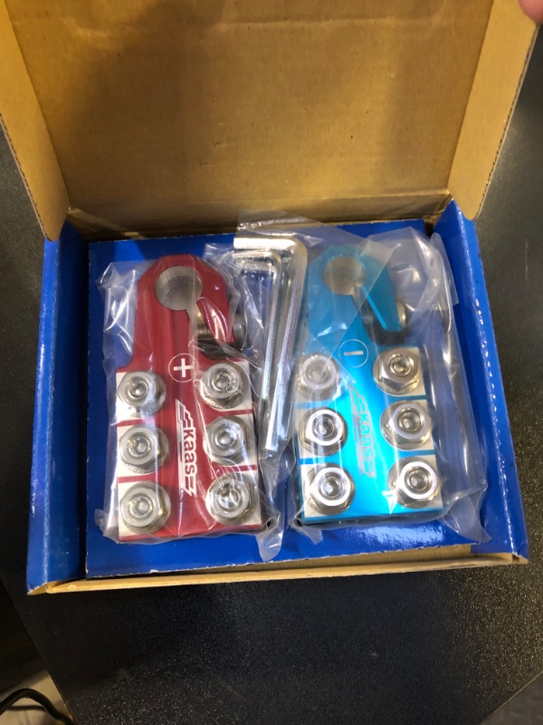 Photo 2 of Kaas Battery Terminal Connectors, Colored Anode Top Post Battery Terminal, Positive (Red) Negative (Blue) Set (+/-), for SAE/DIN/EN Tapered Top Post, 12-Way Terminal Clamps in 8AWG to 4/0 (XL) AWG